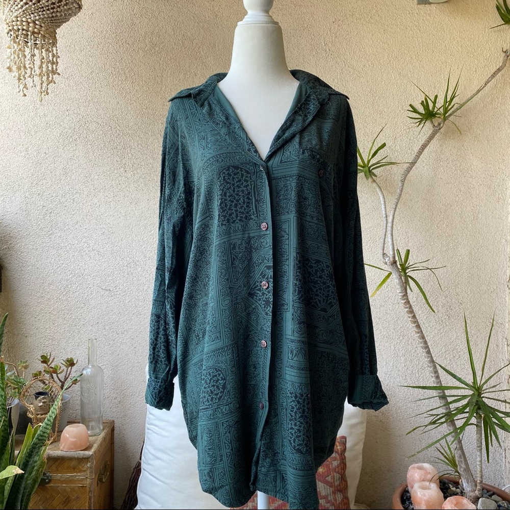 Boho Print Button-Front Tunic Top - Dark Green